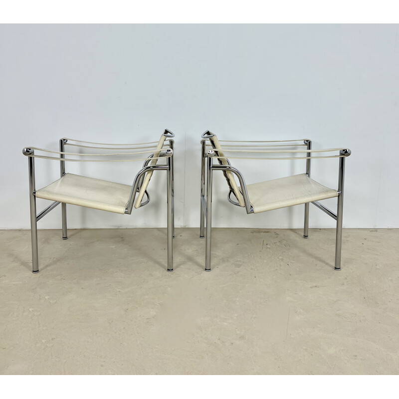 Pair of vintage Lc1 metal armchairs by Le Corbusier for Cassina, 1970s