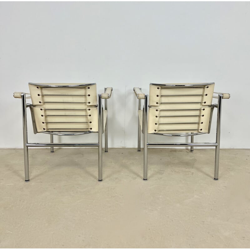 Pair of vintage Lc1 metal armchairs by Le Corbusier for Cassina, 1970s