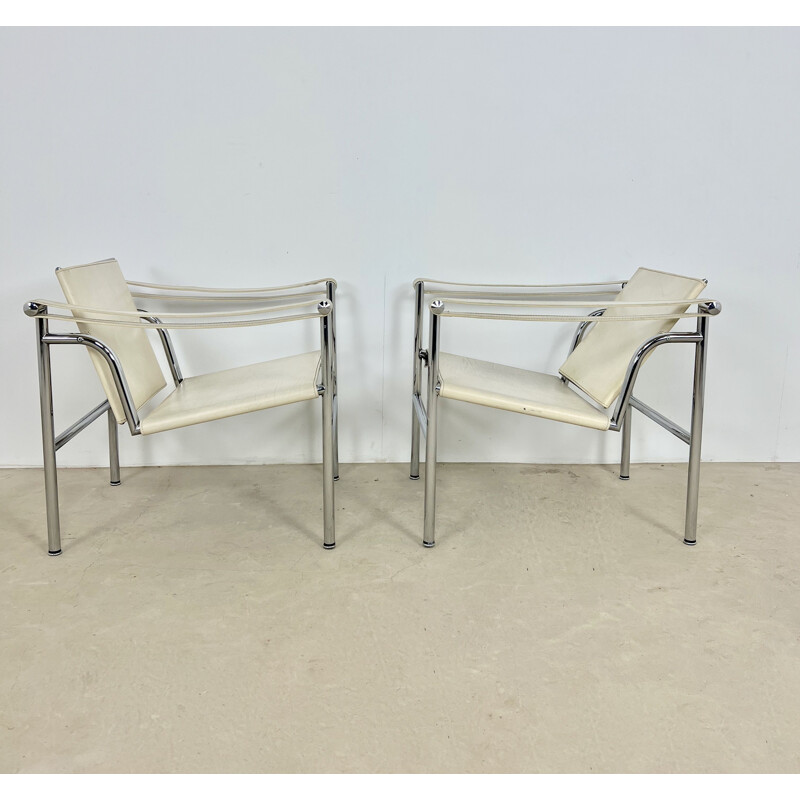 Pair of vintage Lc1 metal armchairs by Le Corbusier for Cassina, 1970s
