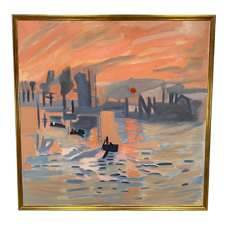 Óleo vintage sobre lienzo con marco dorado de Joseph Dumont, 1993