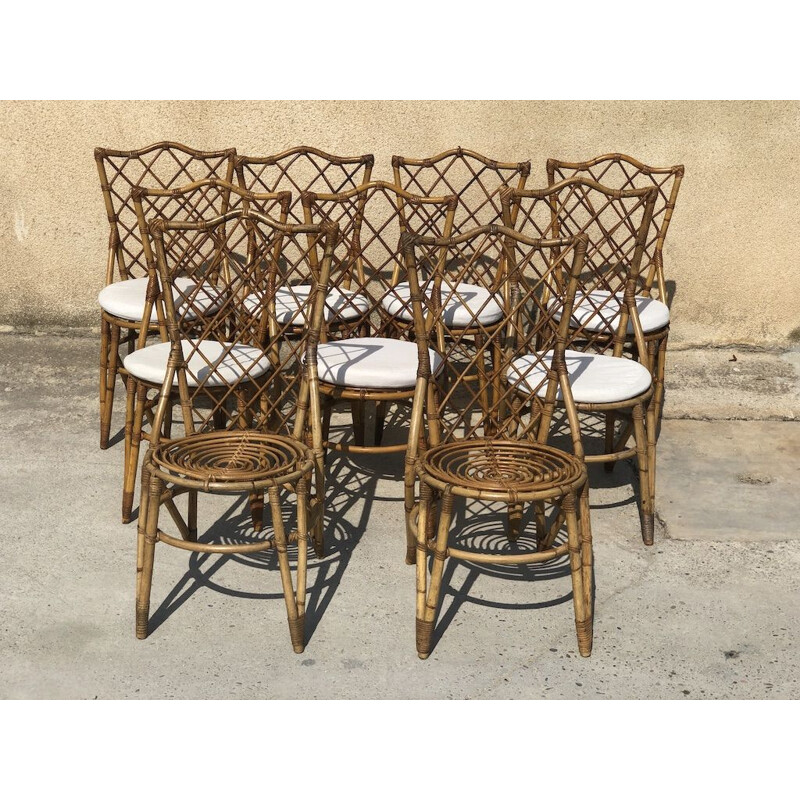 Set of 9 vintage rattan chairs by Louis Sognot, 1960