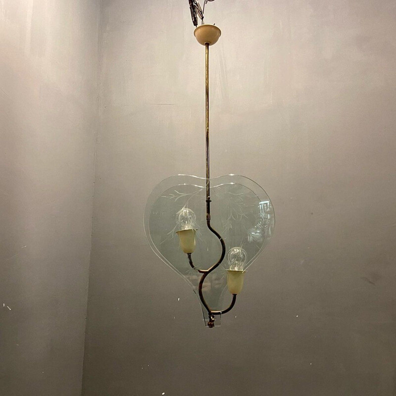 Lámpara de suspensión vintage de vidrio grabado de Pietro Chiesa, Italia 1940