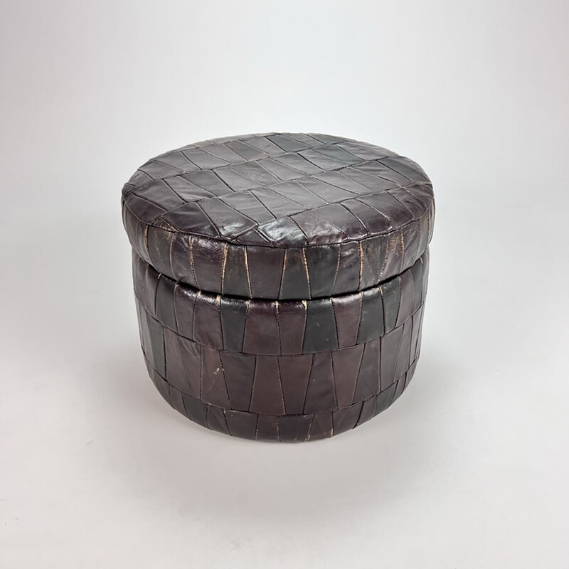 Vintage leather patchwork storage pouf, 1970