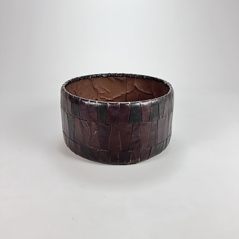 Vintage leather patchwork storage pouf, 1970