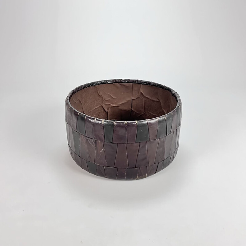 Vintage leather patchwork storage pouf, 1970