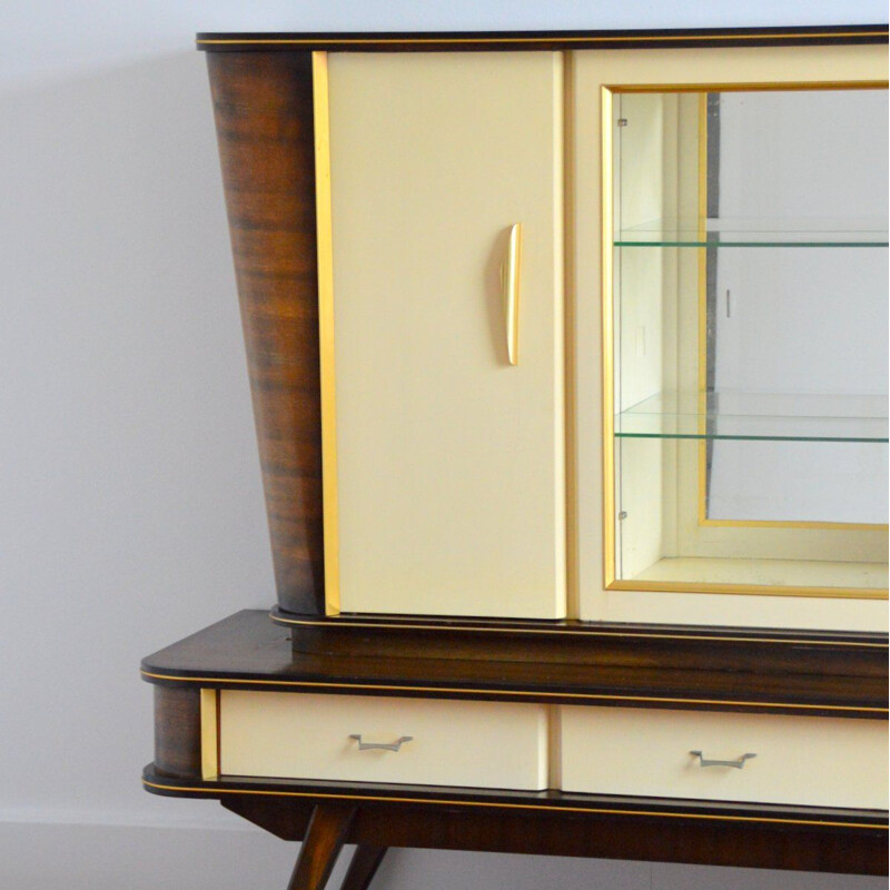 Vintage Italian highboard in wood, glass and brass, 1950