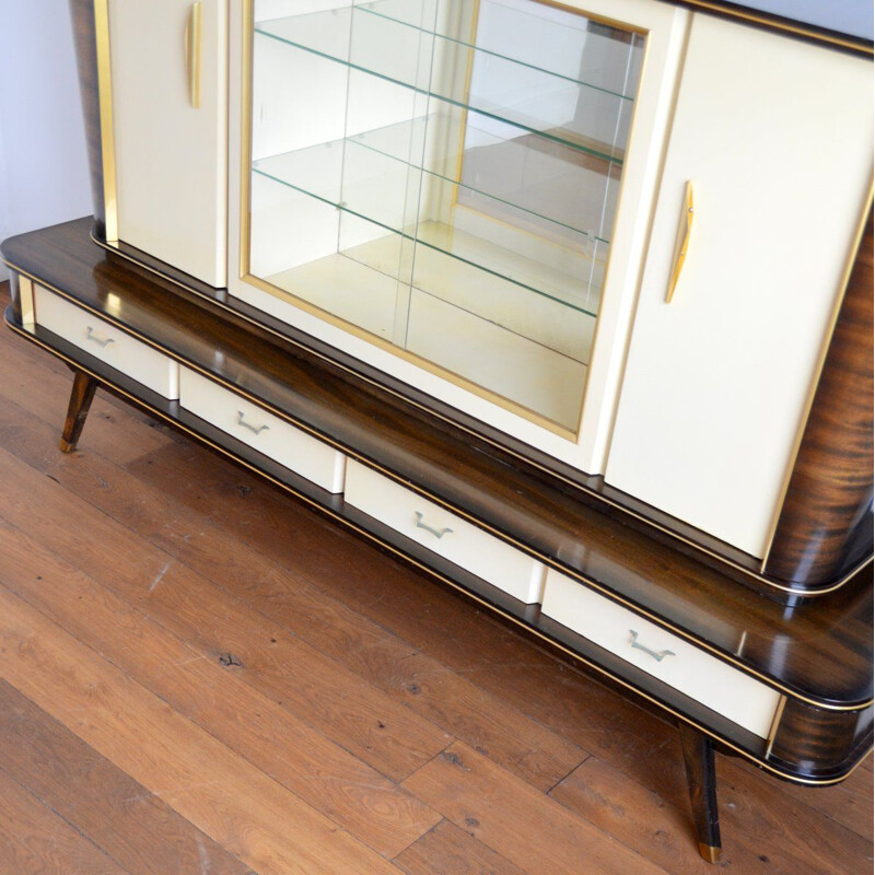 Vintage Italian highboard in wood, glass and brass, 1950