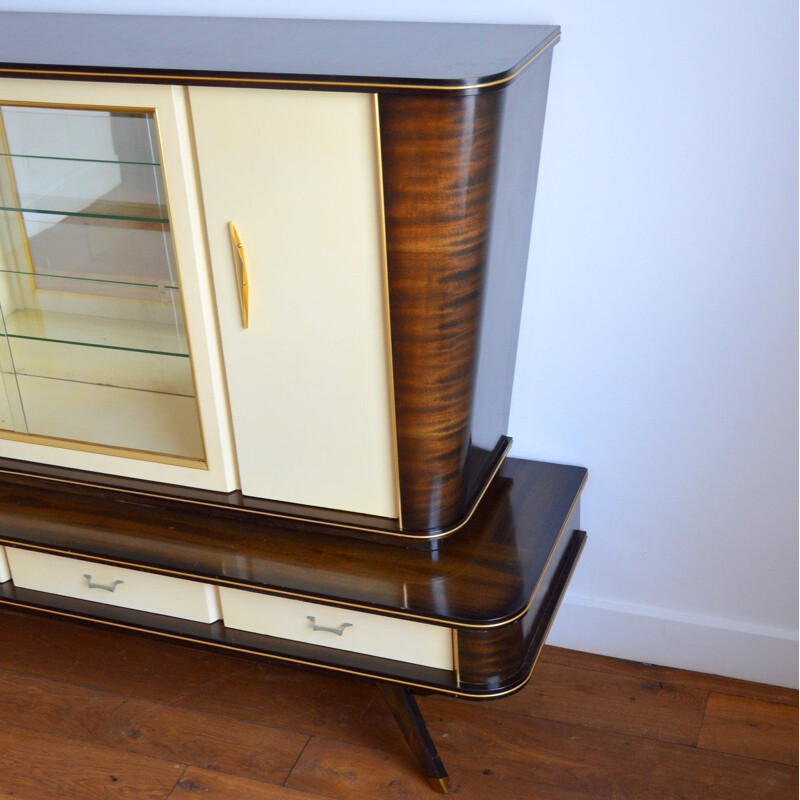 Vintage Italian highboard in wood, glass and brass, 1950