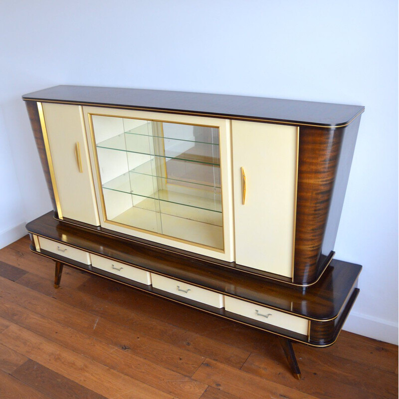 Vintage Italian highboard in wood, glass and brass, 1950