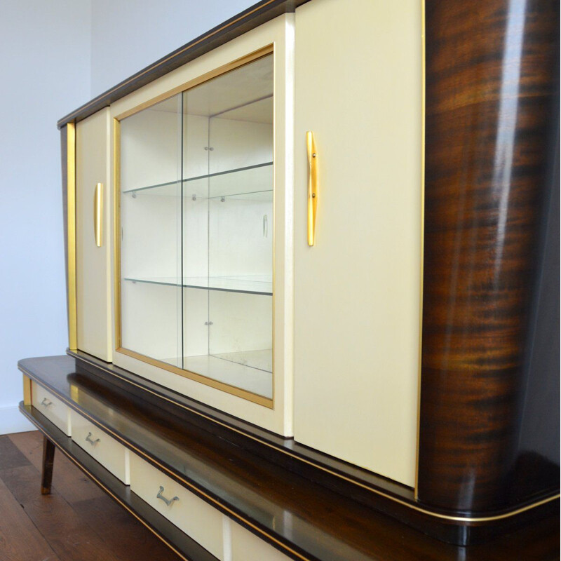 Vintage Italian highboard in wood, glass and brass, 1950