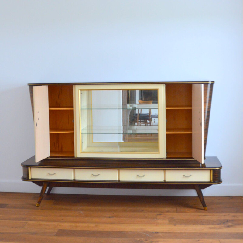 Vintage Italian highboard in wood, glass and brass, 1950