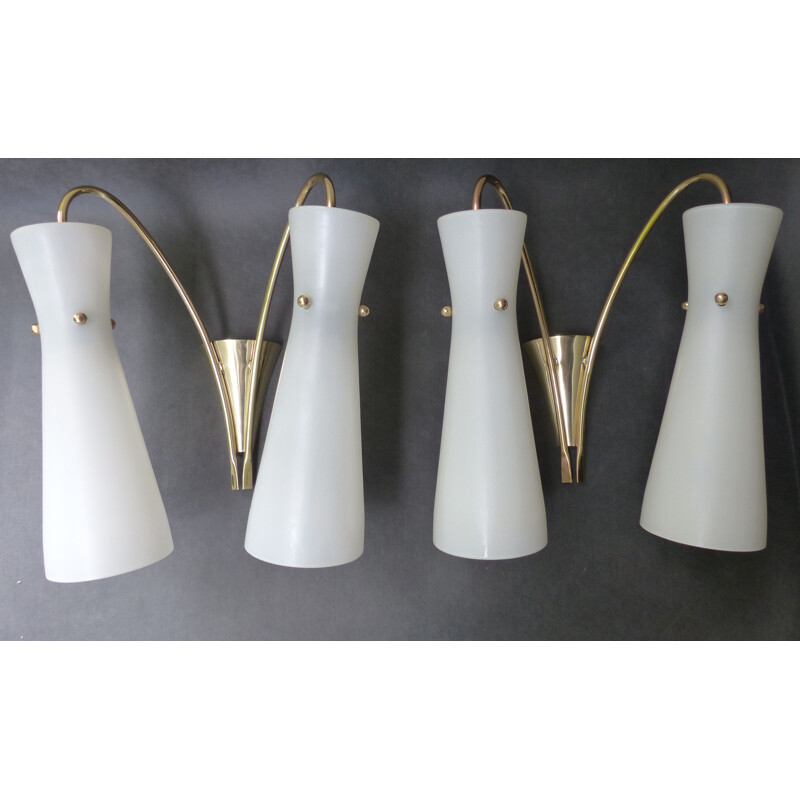 Pair of wall lamps in brass and opaline glass - 1960s