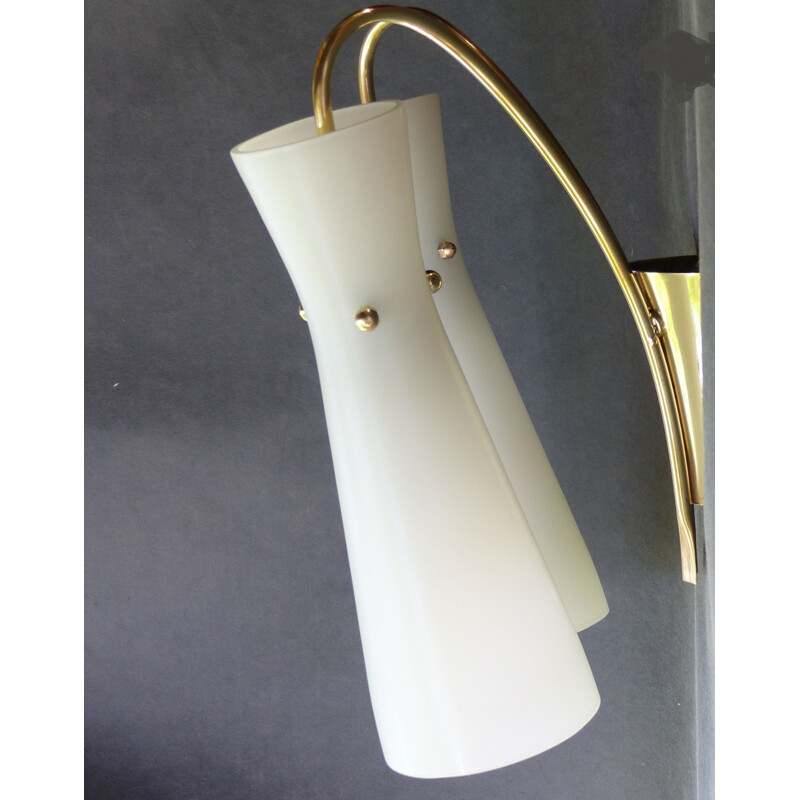 Pair of wall lamps in brass and opaline glass - 1960s