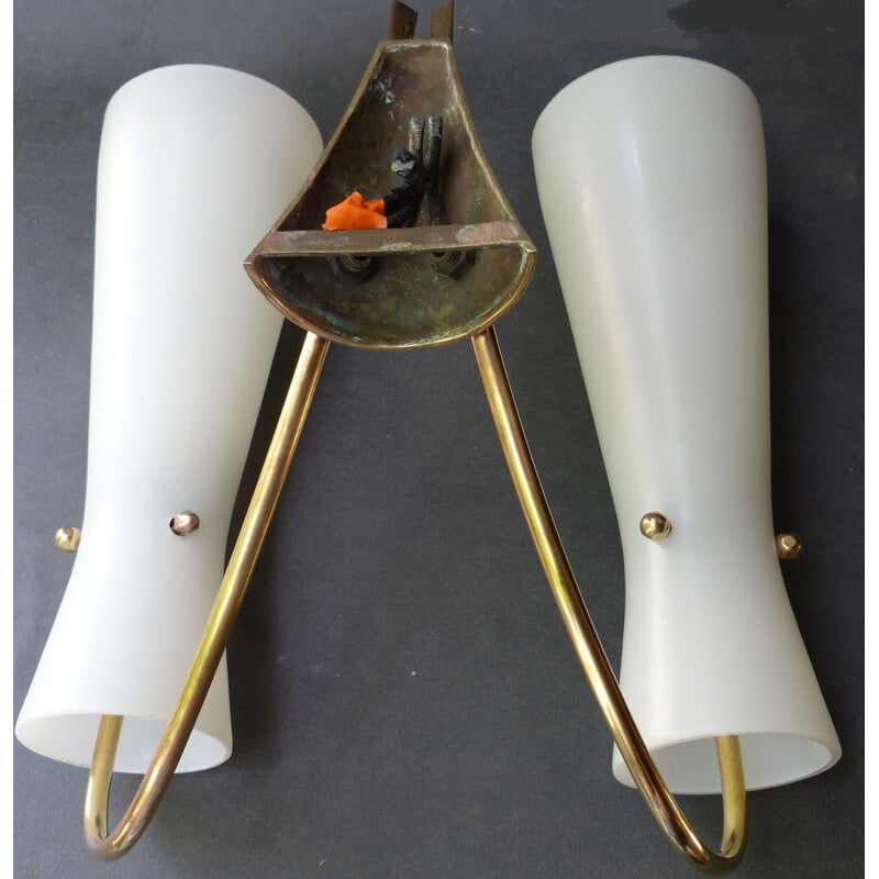 Pair of wall lamps in brass and opaline glass - 1960s