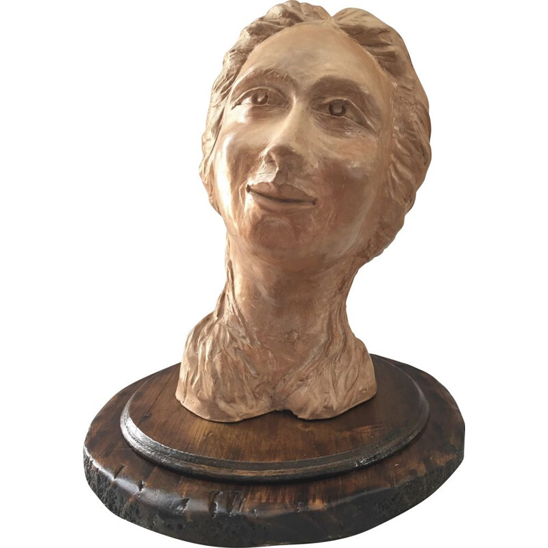 Sculpture vintage en terre crue "Buste visage de femme", 1950