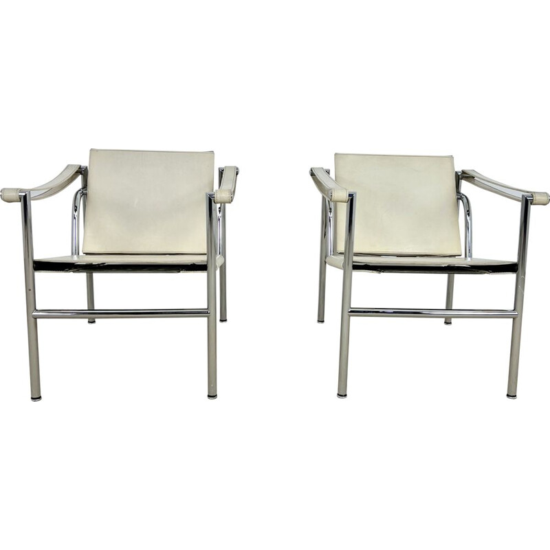 Pair of vintage Lc1 metal armchairs by Le Corbusier for Cassina, 1970s