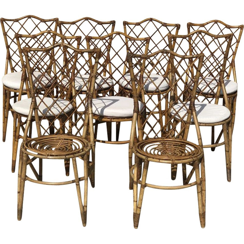 Ensemble de 9 chaises vintage en rotin par Louis Sognot, 1960