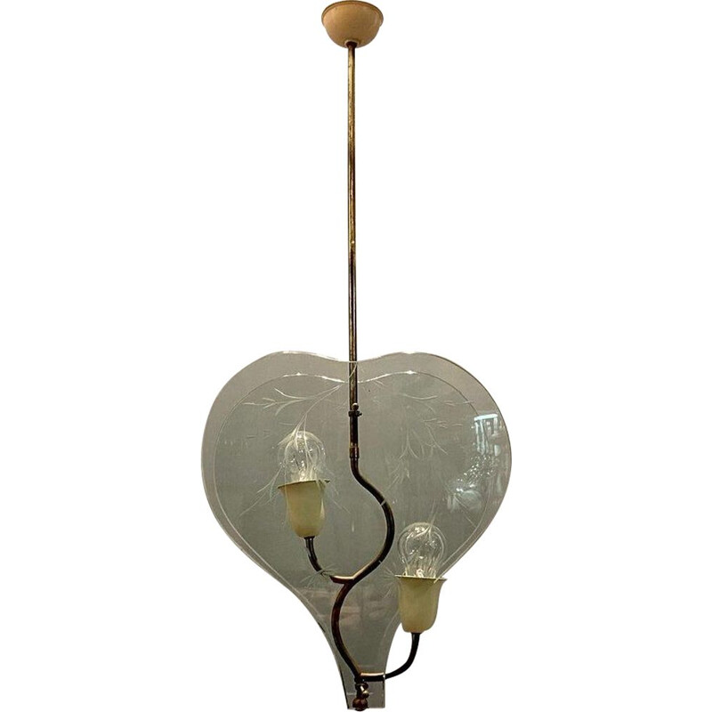 Vintage engraved glass pendant lamp by Pietro Chiesa, Italy 1940