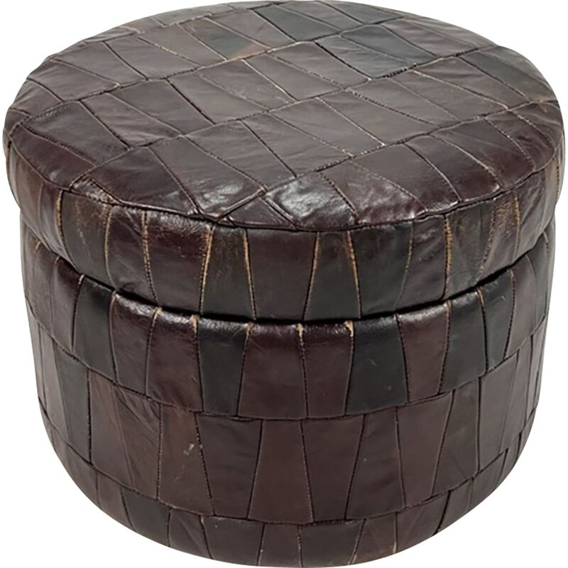 Pouf contenitore in pelle patchwork vintage, 1970