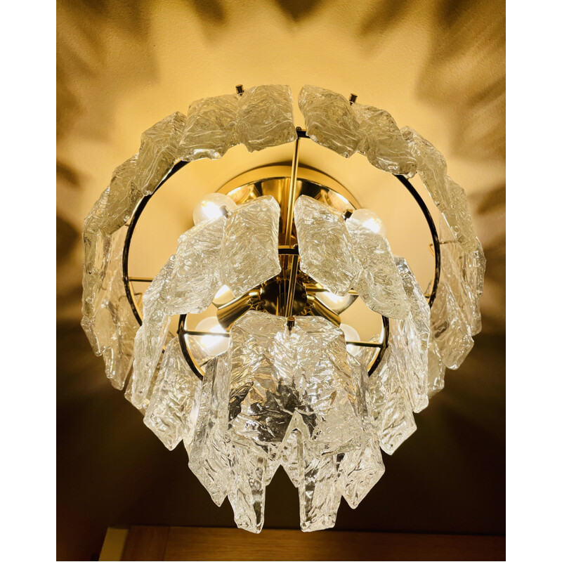 Vintage Palazzo ceiling light in gilded brass and glass by Jt Kalmar, 1970