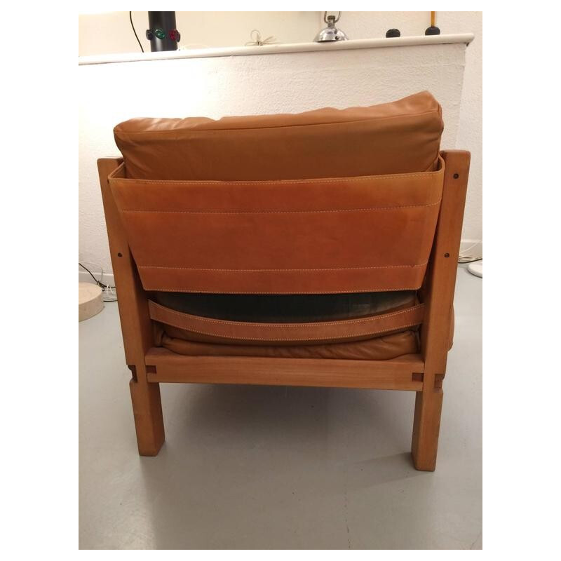 "S15" armchair in leather and wood, Pierre CHAPO - 1960s