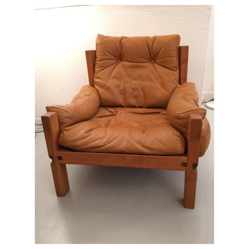 "S15" armchair in leather and wood, Pierre CHAPO - 1960s