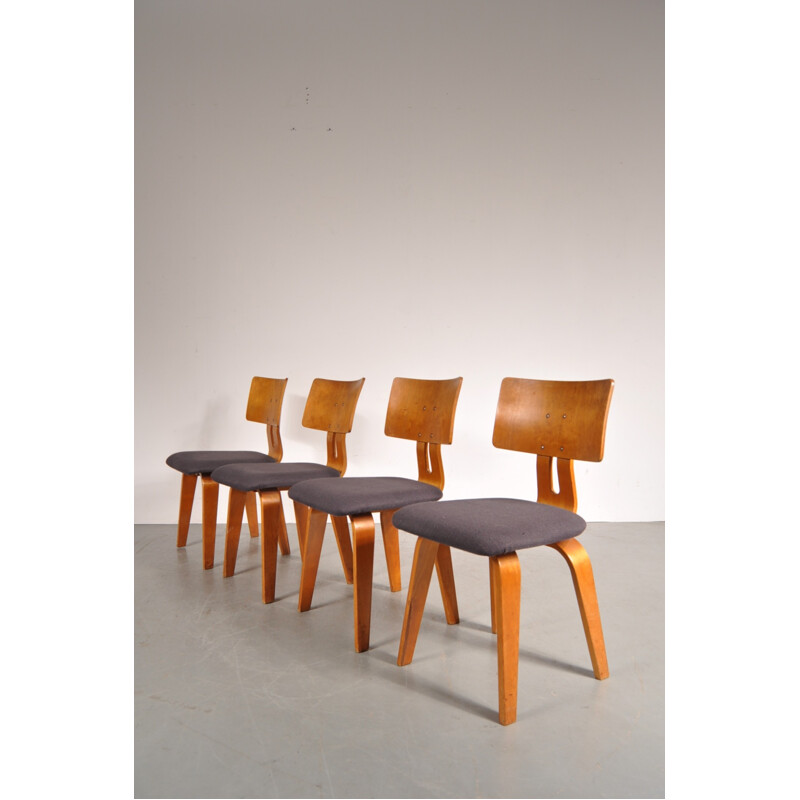 Set of 4 Pastoe dining chairs in birch plywood and fabric, Cees BRAAKMAN - 1950s