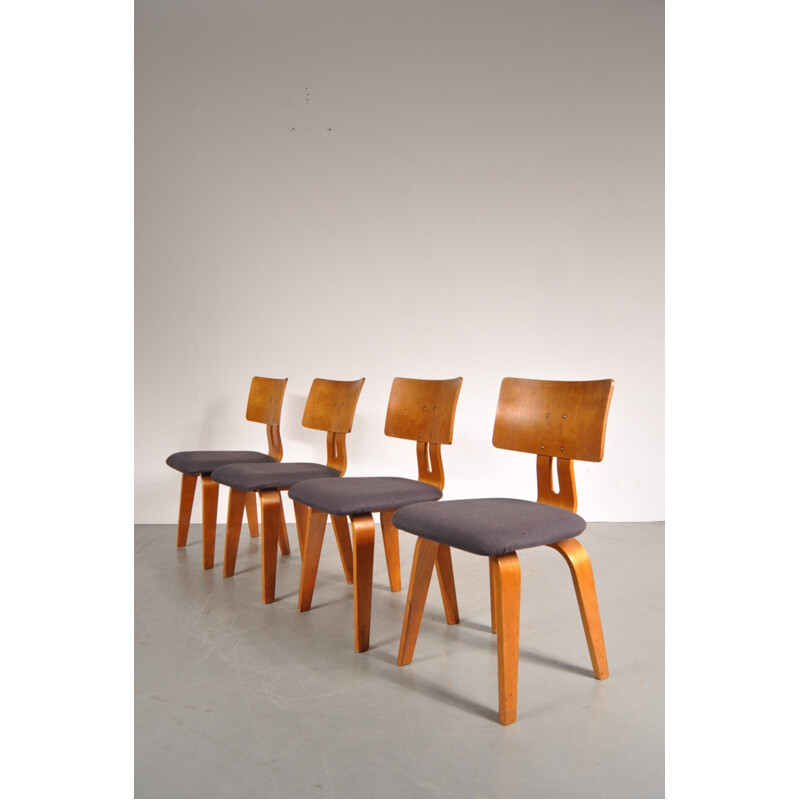 Suite de 4 chaises Pastoe en bouleau contreplaqué et tissu, Cees BRAAKMAN - 1950