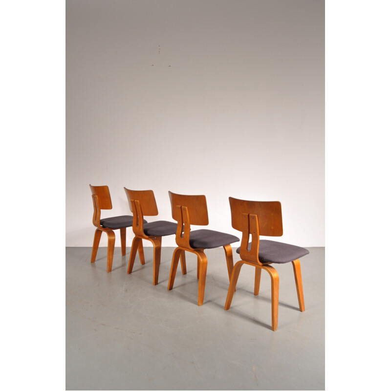 Set of 4 Pastoe dining chairs in birch plywood and fabric, Cees BRAAKMAN - 1950s