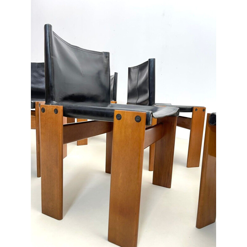 Set of 6 black leather chairs model "Monk" by Afra and Tobia Scarpa for Molteni, Italy 1970s