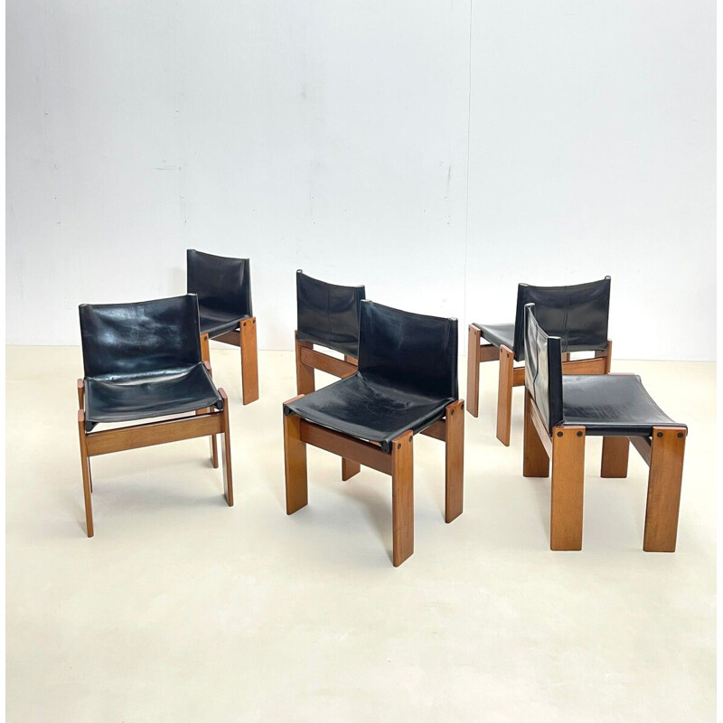 Ensemble de 6 chaises vintage "Monk" en cuir noir par Afra et Tobia Scarpa pour Molteni, Italie 1970