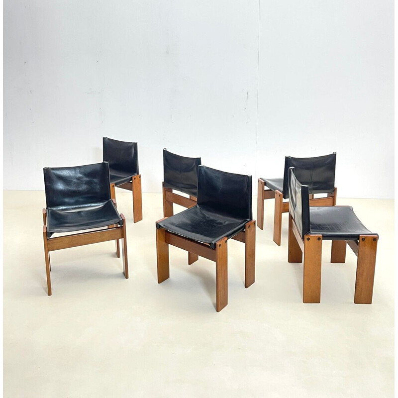 Set of 6 black leather chairs model "Monk" by Afra and Tobia Scarpa for Molteni, Italy 1970s