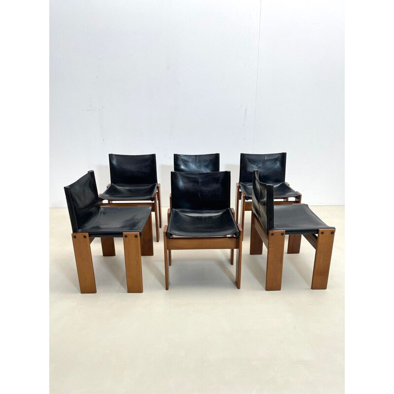 Set of 6 black leather chairs model "Monk" by Afra and Tobia Scarpa for Molteni, Italy 1970s