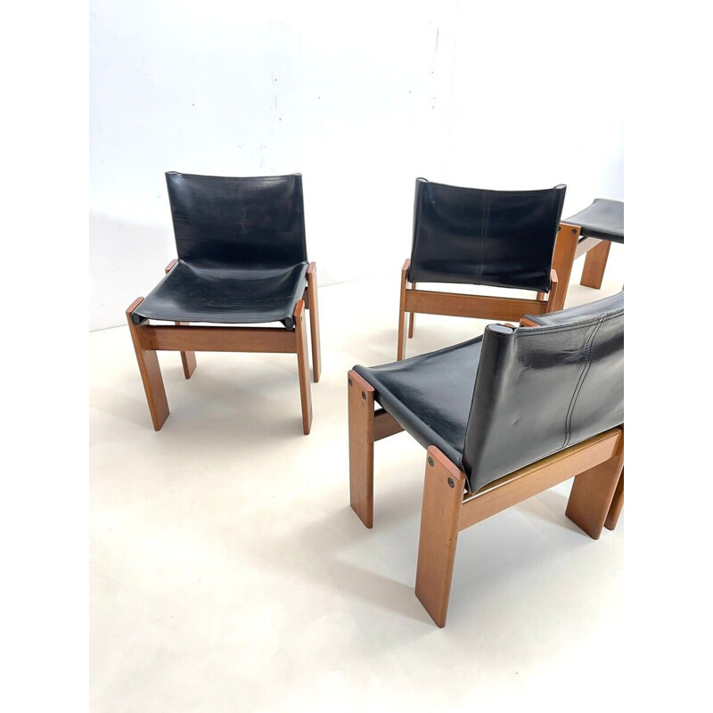 Set of 6 black leather chairs model "Monk" by Afra and Tobia Scarpa for Molteni, Italy 1970s