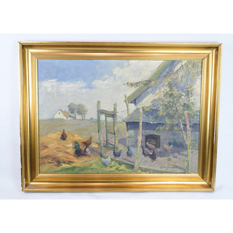 Vintage oil painting with gold frame by Johan Jacobsen, 1940