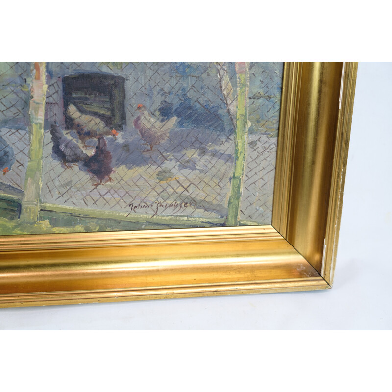 Vintage oil painting with gold frame by Johan Jacobsen, 1940