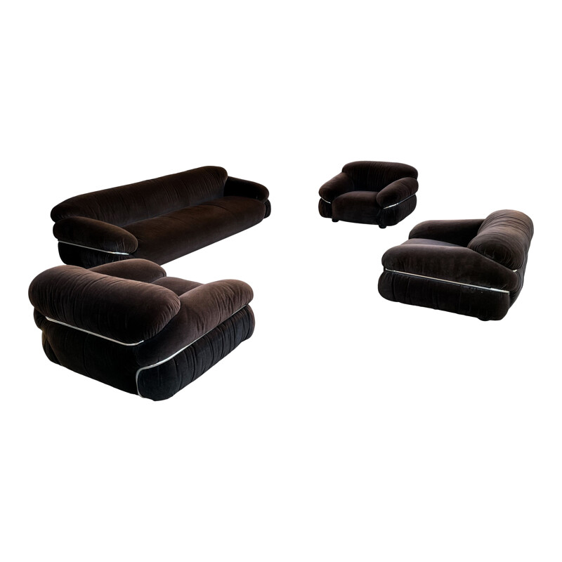 Sesann vintage woonkamer set in bruin alpaca fluweel van Gianfranco Frattini voor Cassina, 1972