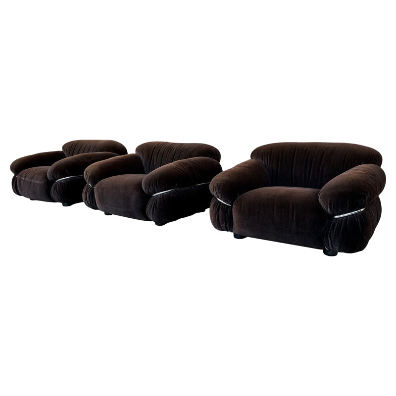 Vintage brown Alpaca velvet Sesann living room set by Gianfranco Frattini for Cassina, 1972