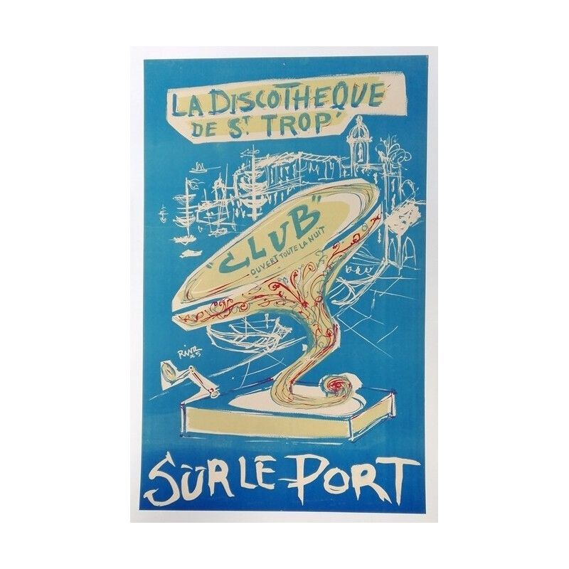 Affiche publicitaire vintage pour la discothèque sur le port de Saint Tropez, 1935
