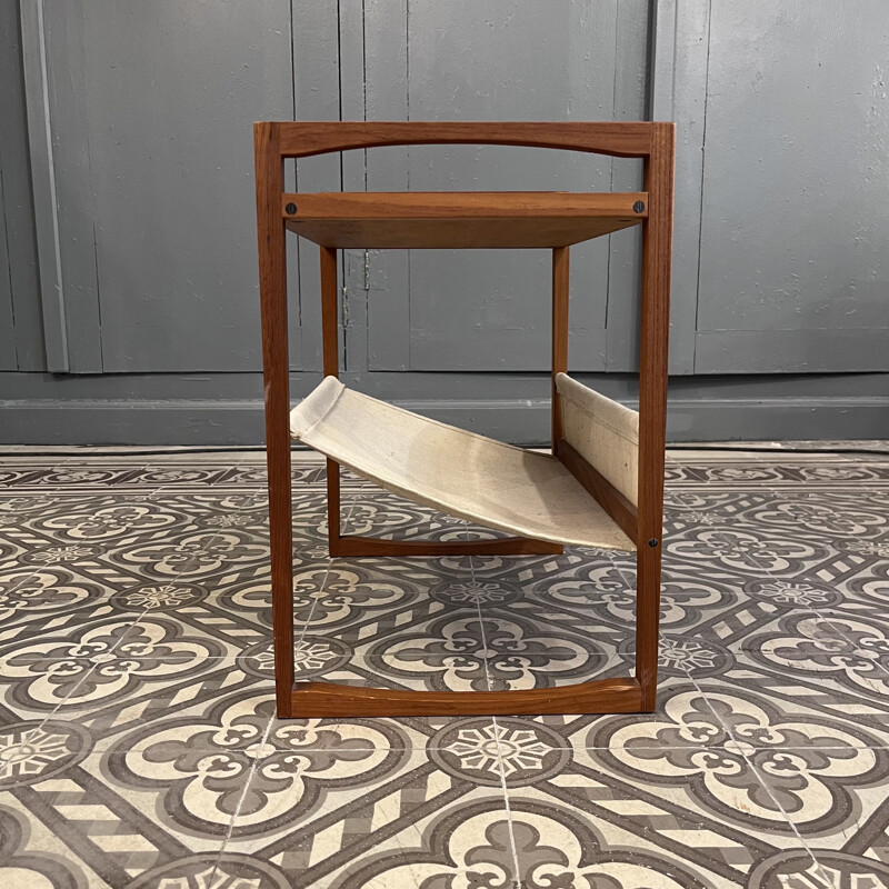 Vintage teak wood and beige canvas magazine rack by Kai Kristiansen for Silka Mobler, 1960