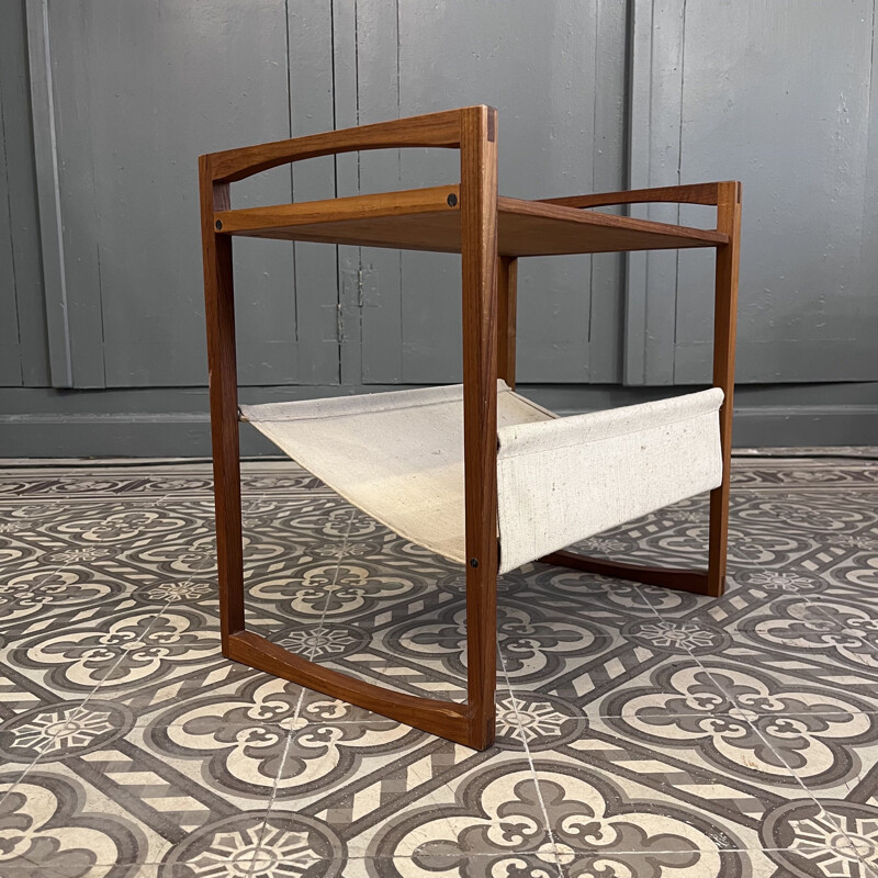 Vintage teak wood and beige canvas magazine rack by Kai Kristiansen for Silka Mobler, 1960