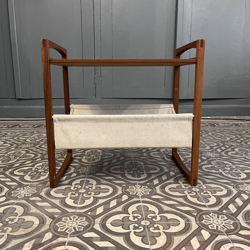 Vintage teak wood and beige canvas magazine rack by Kai Kristiansen for Silka Mobler, 1960