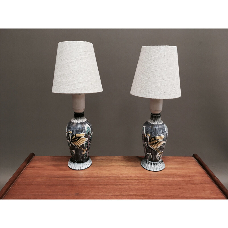 Pair of vintage Scandinavian ceramic and linen lamps, 1960