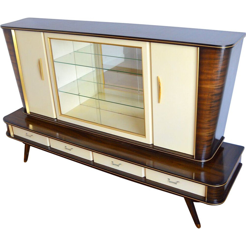 Vintage Italian highboard in wood, glass and brass, 1950