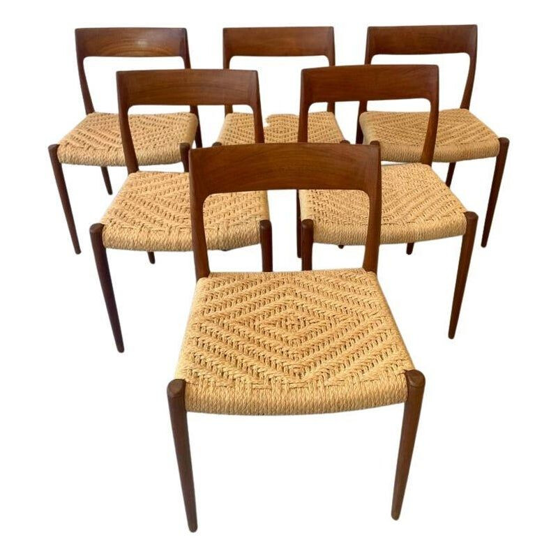 Lot de 6 chaises vintage teck et corde par Niels O. Møller pour J.L. Møllers Møbelfabrik, Danemark 1960