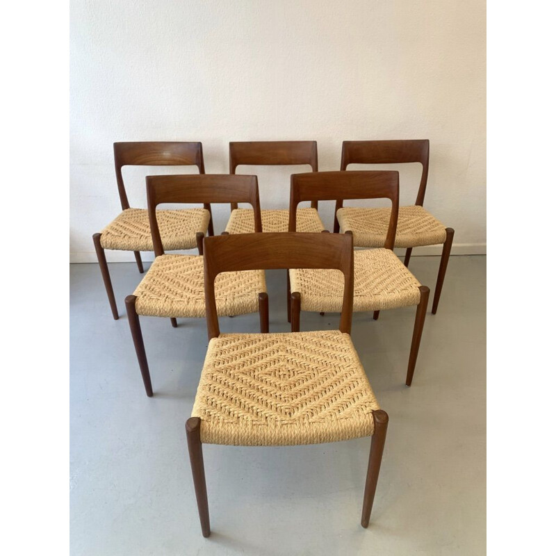 Set of 6 vintage teak and rope chairs by Niels O. Møller for J.L. Møllers Møbelfabrik, Denmark 1960