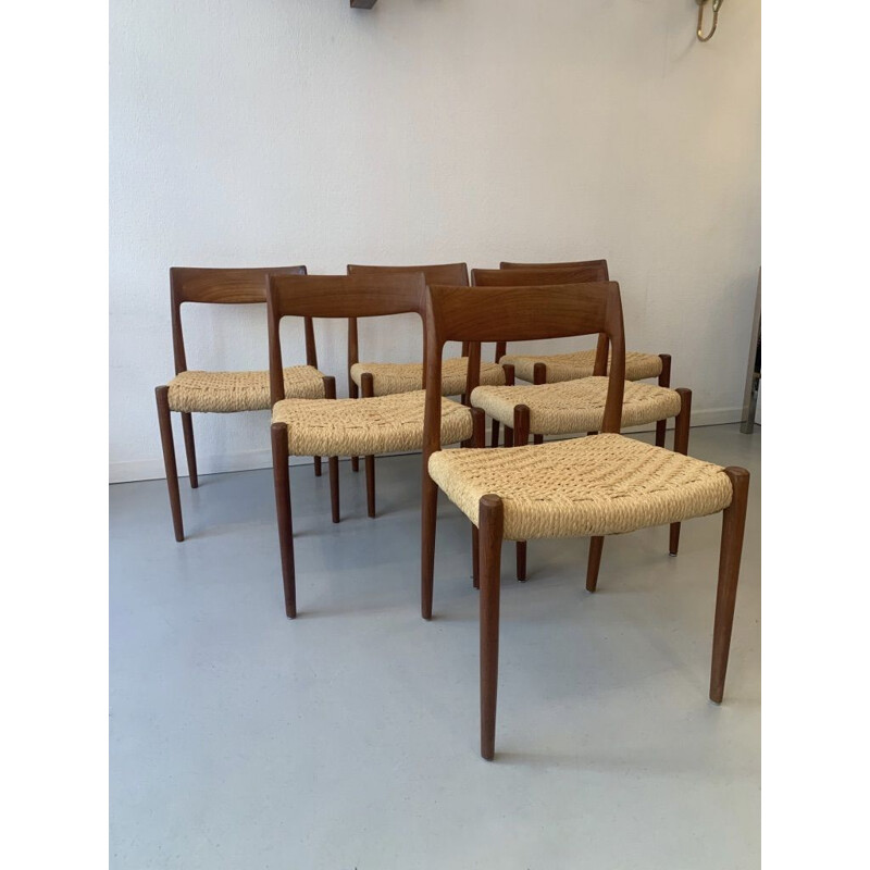 Lot de 6 chaises vintage teck et corde par Niels O. Møller pour J.L. Møllers Møbelfabrik, Danemark 1960