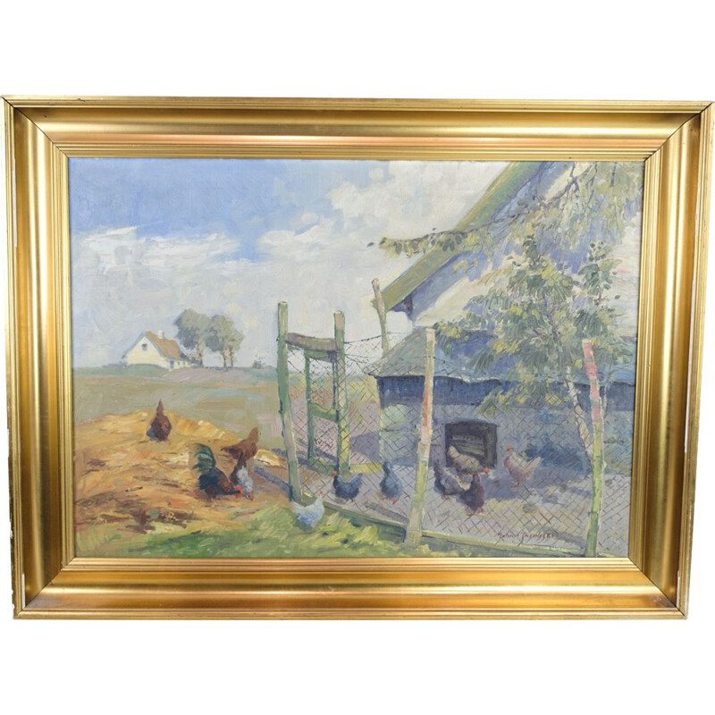 Peinture à l'huile vintage sur toile avec motif de poulailler et champs peints par Johan Jacobsen, 1940