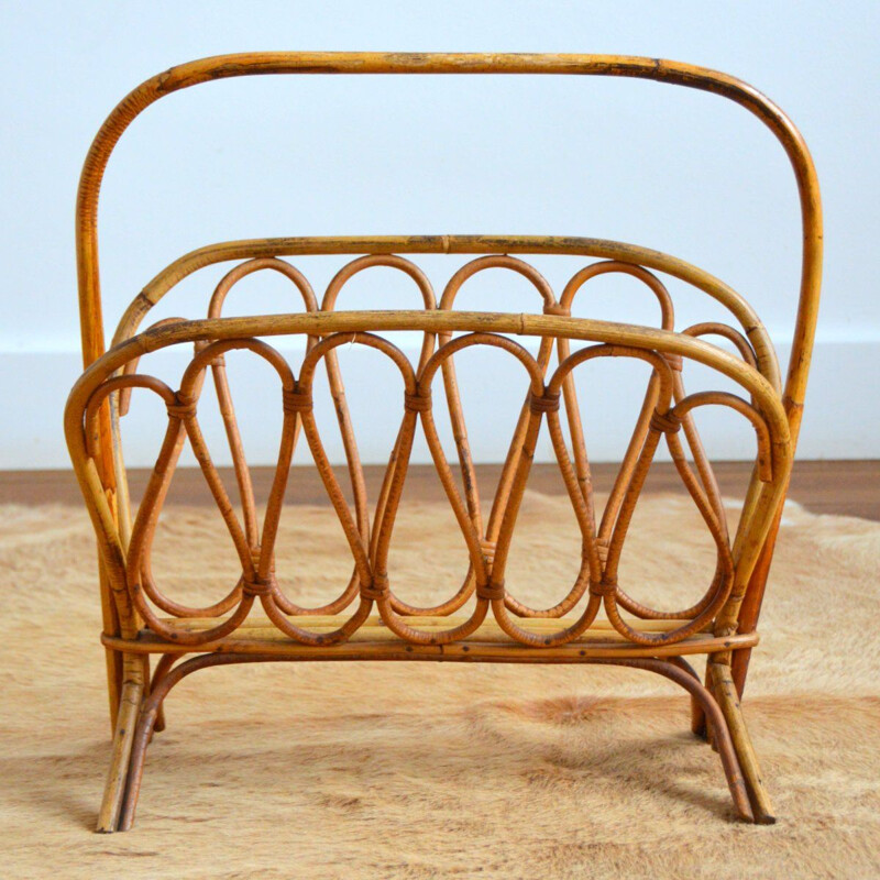 Vintage magazine rack in rattan, 1950s