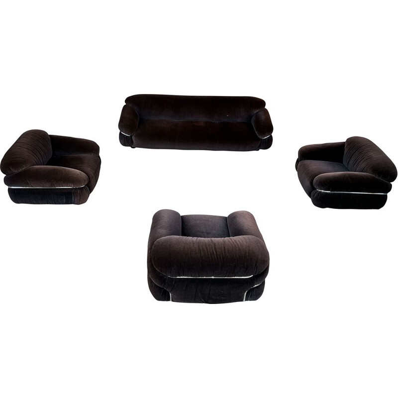 Sesann vintage woonkamer set in bruin alpaca fluweel van Gianfranco Frattini voor Cassina, 1972